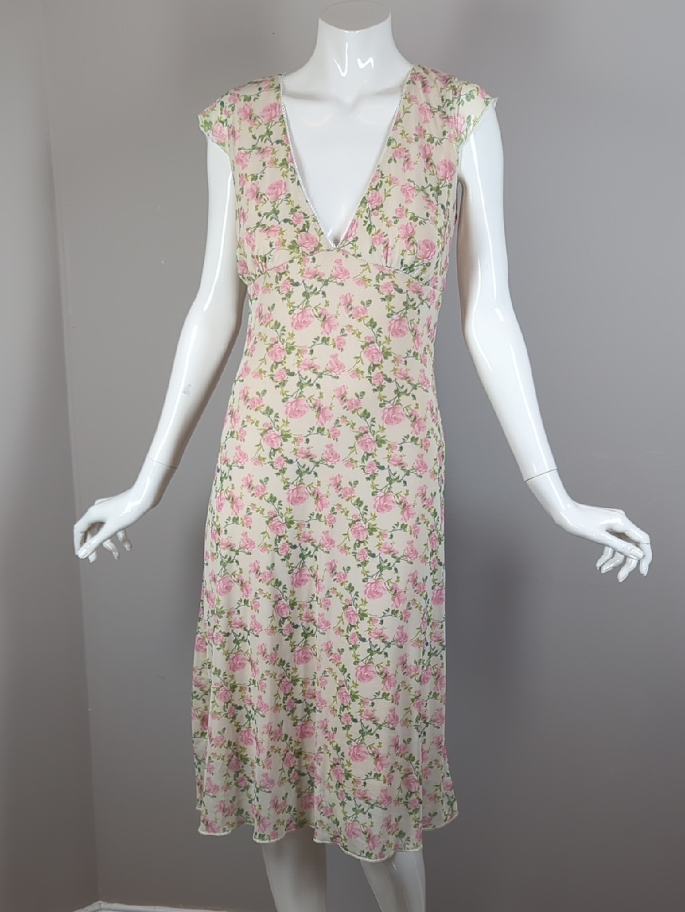 See You Monday Floral V-Neck Midi Dress in Pink and Cream Sheer Stretchy Roses